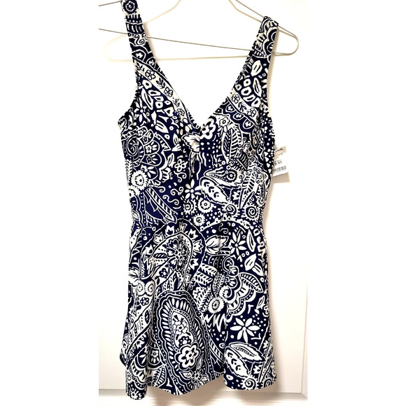 Maxine of Hollywood Blue White Floral Skirted Swimsuit One Piece Women 12 NWT - Picture 1 of 10